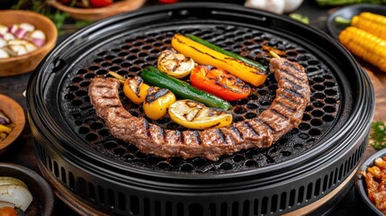 Delicious Grilled Kebabs and Vegetables on a Modern Electric Grill