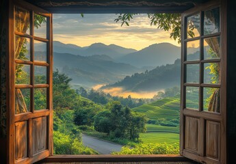 Fototapeta premium Serene Morning View of Rolling Green Hills and Mountain Landscape Framed by Open Wooden Window with Refreshing Sunrise Light