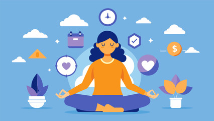 Each meditation session is accompanied by gentle reminders to focus on the present moment and let go of distractions.. Vector illustration