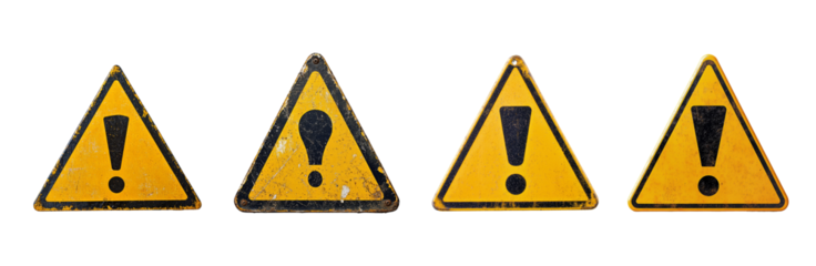 Set of Four Warning Signs with Exclamation Mark on Isolated Background
