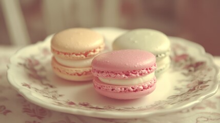 Obraz premium Three Colorful Macarons Resting On A Decorated Ceramic Plate