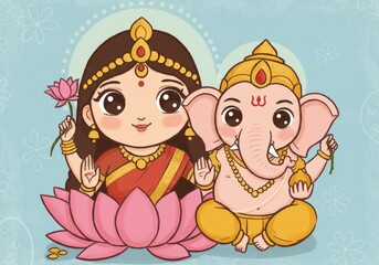A vibrant Diwali celebration featuring Goddess Lakshmi blessing alongside Lord Ganesha, symbolizing prosperity and wisdom.