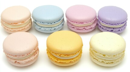 Obraz premium Assortment of colorful french macaron cookies are arranged on display