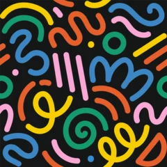 Crédence en verre imprimé Memphis geometric seamless pattern. Multicolor abstract background in retro 80s, 90s style with various shapes: circles, semicircles, dots, zigzags, spirals, wavy lines. Cute kid doodle design.  
