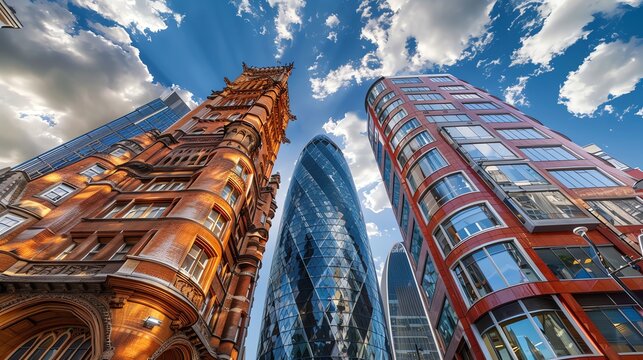 Gherkin and Leadenhall Buildings in London Against a Blue Sky