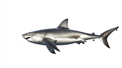 Great white shark on white background, showcasing its powerful form