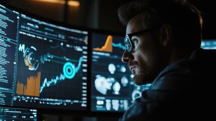 Focused Data Analyst Examining Complex Charts and Graphs on Multiple Monitors