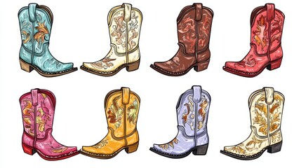 Cowboy boots. Different ornaments. Wild West Clipart icons. Hand drawn colored Vector set. Elements are isolated .Cowboy western theme, wild west, Texas. Sheriff Horse Ranch . Hand drawn illustration