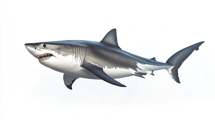 Fototapeta premium Great white shark on white background, showcasing its powerful form