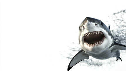 Great white shark emerging with open mouth on white background
