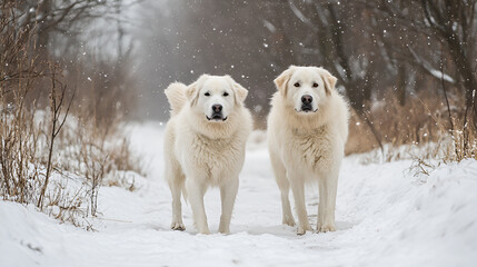 Obraz premium Two adult white large dogs ( Slovak cuvac ) in a snowy country