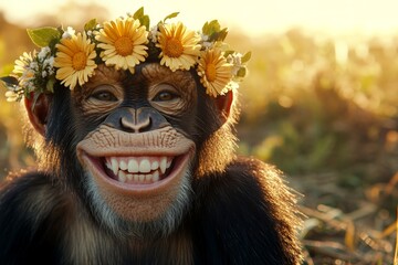 Fototapeta premium Summer happiness. Cute adult animal chimpanzee wearing untamed flower wreath on its head. Golden hour in sunset. Wild animal with natural beauty. Graceful wild creature in bloom.