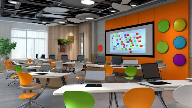 Modern and vibrant classroom design:  A digitally enhanced learning space with interactive whiteboards and colorful furniture, promoting creativity and collaboration in education.