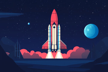 Fototapeta premium Celestial Ascent: A vibrant depiction of a rocket launching into the starry expanse of outer space, carrying dreams and explorations