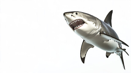 Fototapeta premium Great white shark emerging on white background