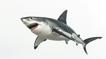 Fototapeta premium Great white shark emerging on white background