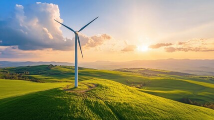 Obraz premium Sunset over rolling green hills with a wind turbine generating clean energy