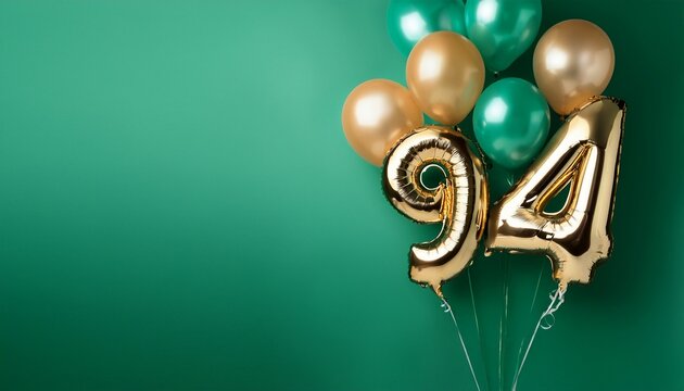 Banner with number 94 balloons on green background with copy space. Generated image