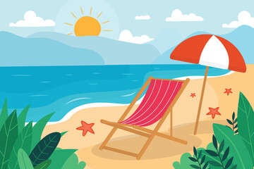 Tropical beach in summer landscape illustration. Beautiful beach scenery with sunny umbrellas and sun loungers. Covered with plants in the corner. Vector illustration