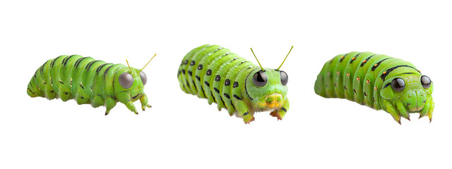 Green Caterpillar Variety in Different Poses on White Background