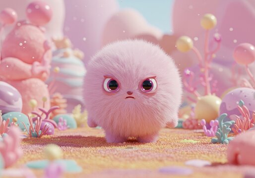 Adorable fuzzball with expressive eyes stands out in a pastel wonderland, bringing joy to any space