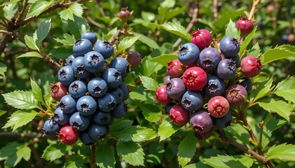 Luscious Clusters Of Plump Blueberries And Vibrant Red Berries Glistening On A Sun-drenched Bush, Showcasing Natures Bounty In Vivid Detail
