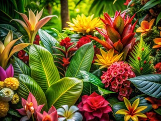 Fototapeta premium Lush Tropical Paradise: Vibrant Flowers and Exotic Leaves