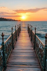 Obraz premium A serene sunset viewed from a wooden pier extending over tranquil waters.