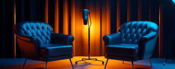 Interview Scene: A professional setting awaits, two plush chairs face each other, and a microphone stands ready, bathed in dynamic, dramatic lighting.