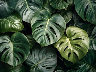 Obraz premium Lush Monstera Deliciosa foliage, nature's serene green tapestry delight