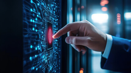 businessman utilizes fingerprint scanner to verify identity, showcasing modern technology and security measures