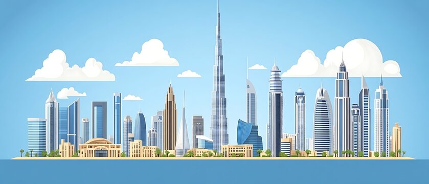 Modern Dubai skyline illustration with blue sky and fluffy clouds