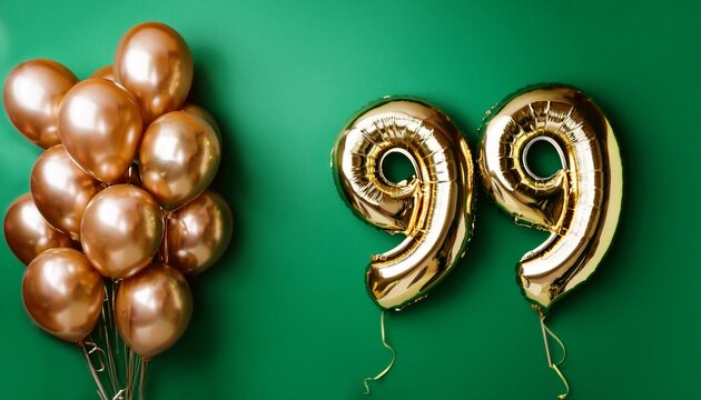 Banner with number 99 balloons on green background with copy space. Generated image