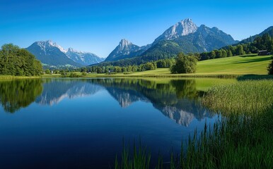 Fototapeta premium Serene Reflection of Majestic Mountains in Crystal Clear Lake Surrounded by Lush Greenery and Clear Blue Sky on a Bright Sunny Day