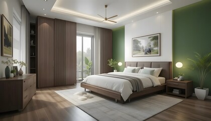 A Serene Bedroom Sanctuary, Bathed In Soft Light, Features A Luxurious King-size Bed And An Elegant Wood Wardrobe With Calming Green Accents