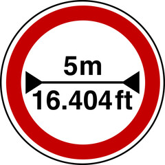  5 m width restriction circular sign sticker with conversion to 16.404  feet