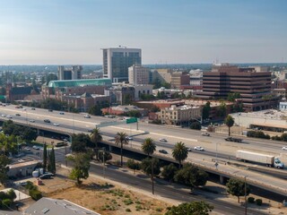 Aerial view of Stockton, California, USA, showcasing the city's architecture, a busy highway with...