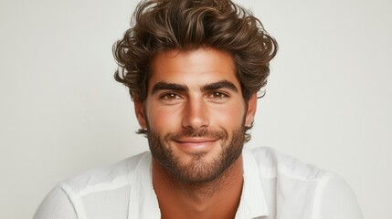A young man with curly hair and a beard smiles charmingly while wearing a white shirt in a bright, neutral-toned environment, conveying warmth and friendliness