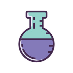 A Curious Scientists Potion Brewing, A Vibrant Purple Liquid Fills A Round Glass Flask Under Soft Light With Clean Line Art Style