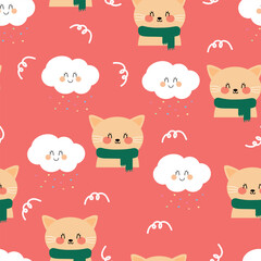Fototapeta premium Seamless pattern cartoon cute cat wearing a green scarf and white clouds. cute wallpaper and animals background for gift wrap paper