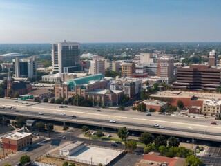 Aerial view of Stockton, California, USA, showcasing the city's architecture, including office...