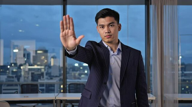 A confident young asian professional halts an unseen subject with an open hand in a high-rise office. Concept of assertiveness and decisive communication.