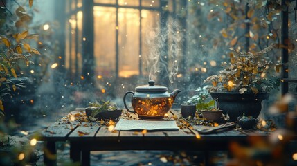 Autumnal tea ceremony in a greenhouse