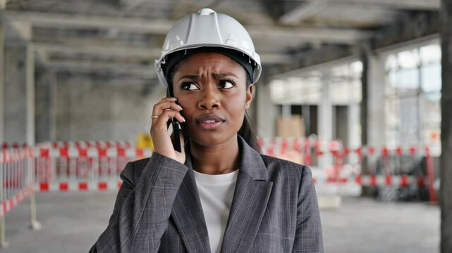 A concerned african female manager wears a hard hat while speaking on the phone. concept of project delays and urgent decision-making.