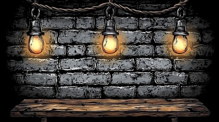 Rustic brick wall with illuminated hanging bulbs for product display