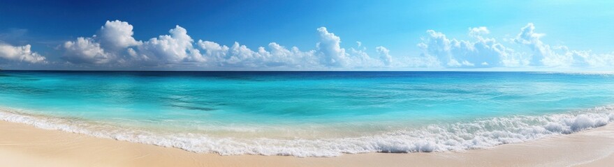 Obraz premium Perfect white sand beach meeting calm turquoise water under blue sky with clouds