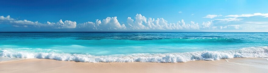 Obraz premium Turquoise ocean waves crashing on white sand beach under cloudy sky