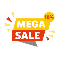 "MEGA SALE" text in red on yellow ribbon banner. Use for retail promotions, discount ads, and eye-catching sale banners.