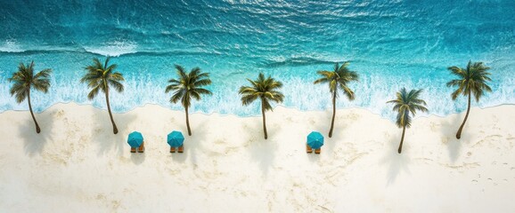 Tropical white sand beach with palm trees and turquoise ocean waves gently crashing