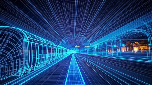 A stylized metro station shown with glowing grid patterns and a bright horizon. Concept of futuristic travel and the evolution of urban transit.